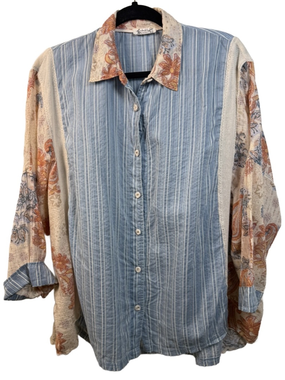 Free People Blue Striped Button-Front Shirt with Floral Accents